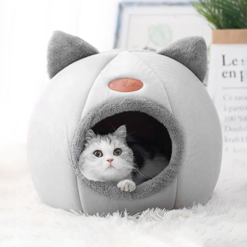 Lit grotte pour chat en coton, panier douillet fermé pour l'hiver