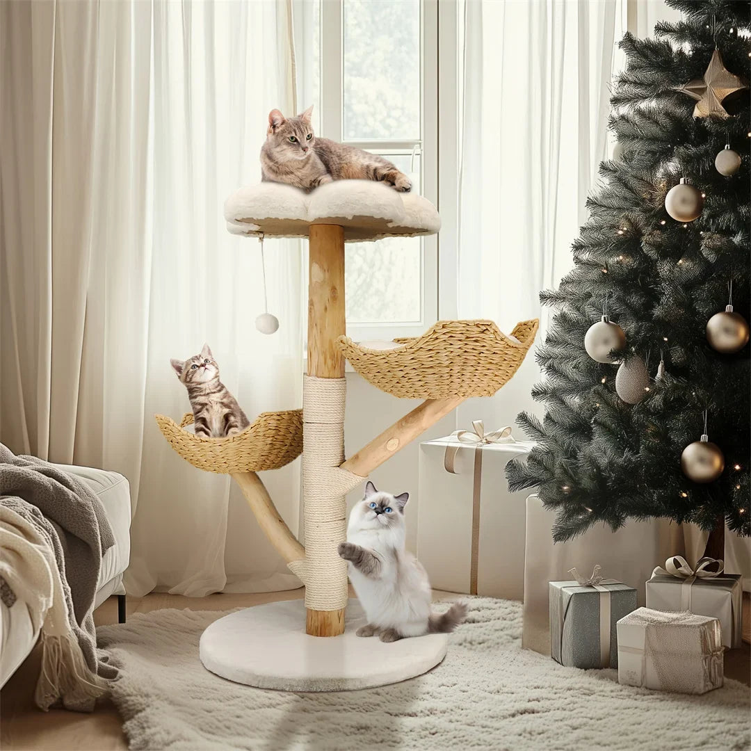 Arbre à chat en bois de 110 cm avec trois niveaux et griffoir en sisal