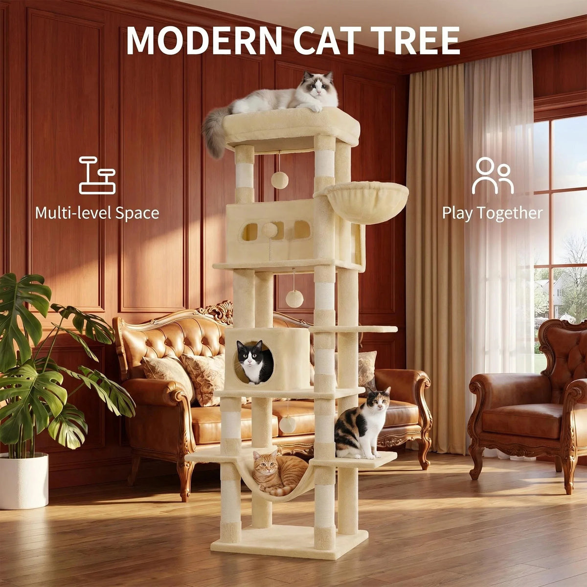 Arbre à chat 170 cm multi-niveaux — grand perchoir, coussin lavable – photo 2