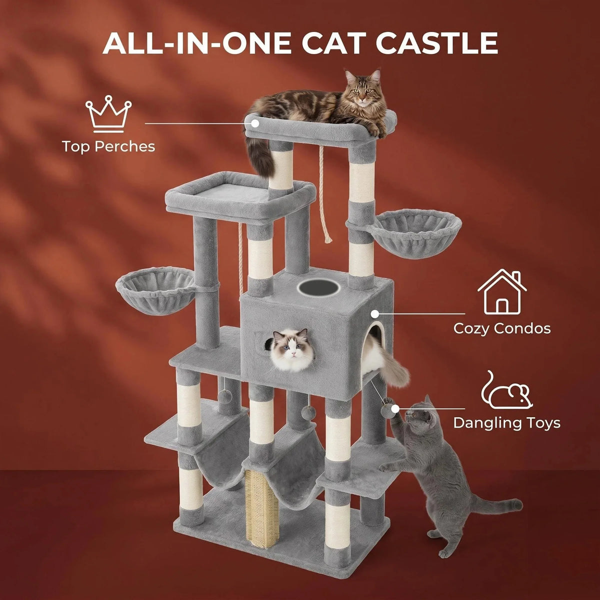 Arbre à chat 170 cm multi-niveaux — grand perchoir, coussin lavable – photo 6
