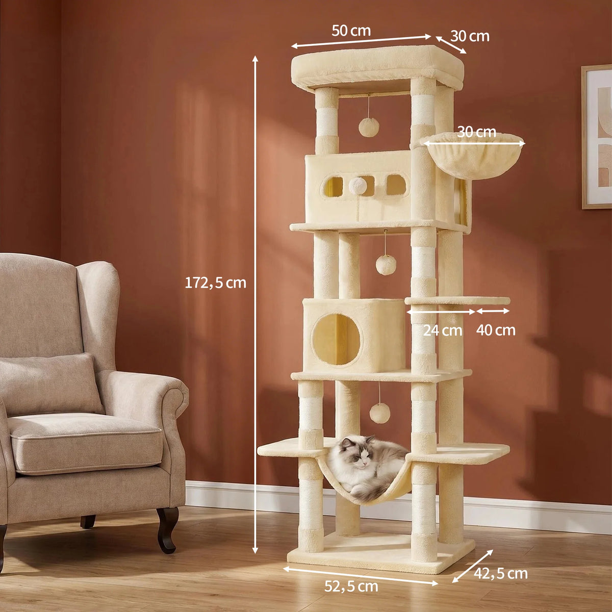 Arbre à chat 170 cm multi-niveaux — grand perchoir, coussin lavable – photo 5