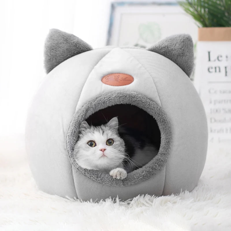 Lit grotte pour chat en coton — panier douillet fermé pour l'hiver