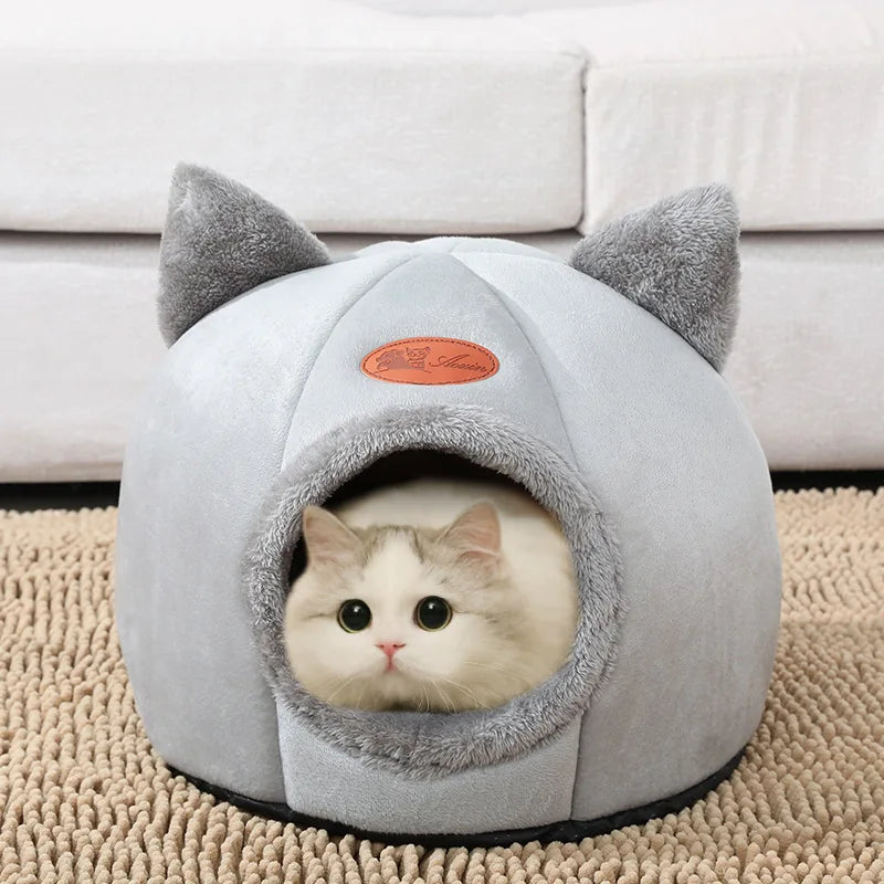 Lit grotte pour chat en coton — panier douillet fermé pour l'hiver – photo 2