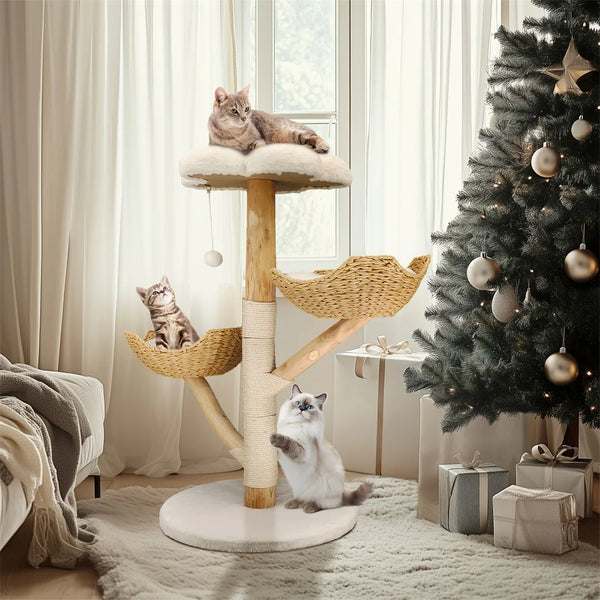 Arbre à chat 110 cm en bois — 3 niveaux, griffoir sisal, style moderne