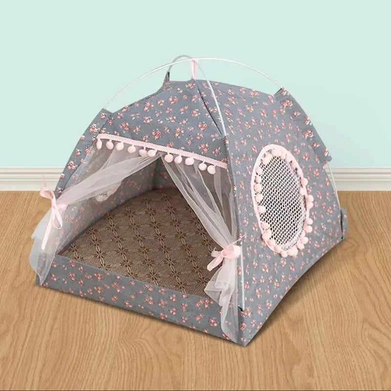 Lit tente pour chat semi-fermé en velours — motif fleuri, M à XL – photo 4