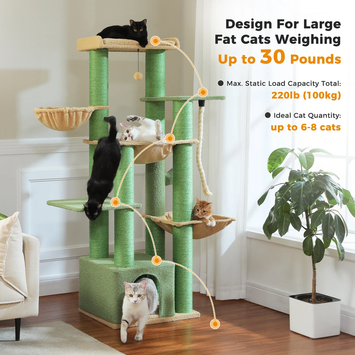 Grand arbre à chat 170 cm pour grands chats — hamac, 11 poteaux sisal – photo 4