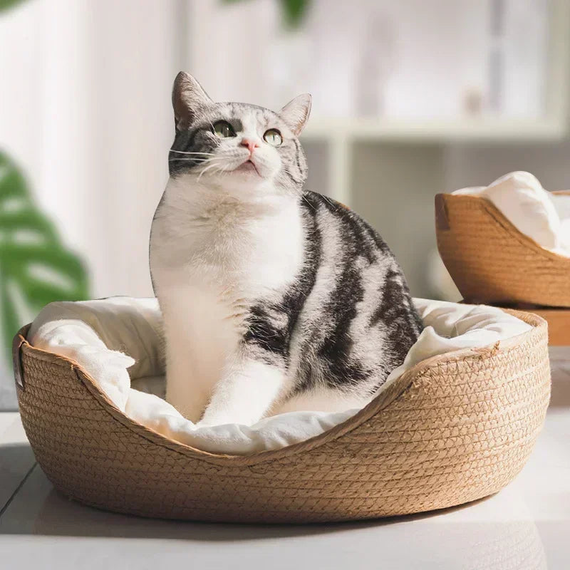 Panier pour chat en bambou tressé avec coussin — 3 tailles – photo 2