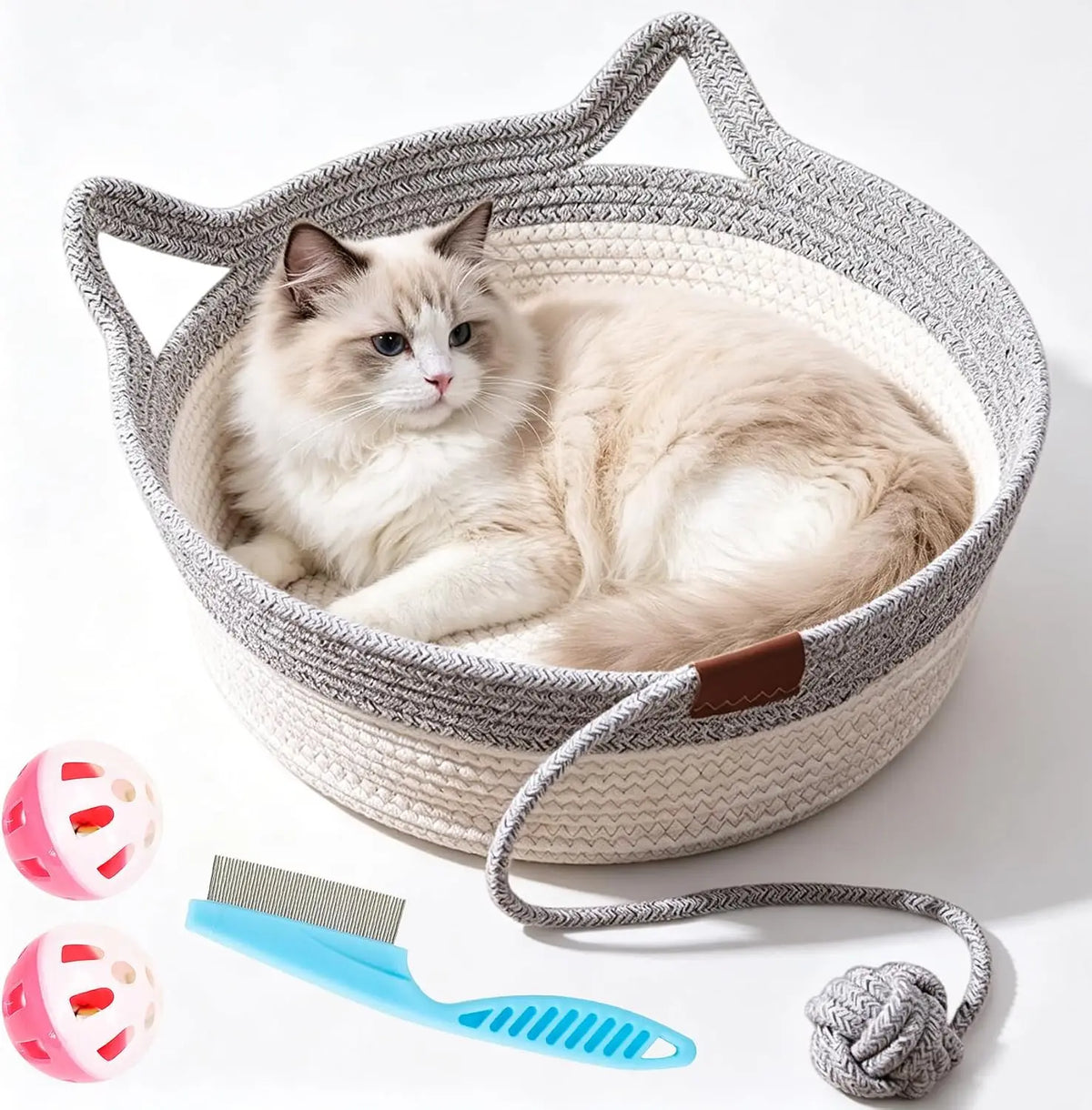 Panier pour chat en corde de coton tressée — avec queue jouet