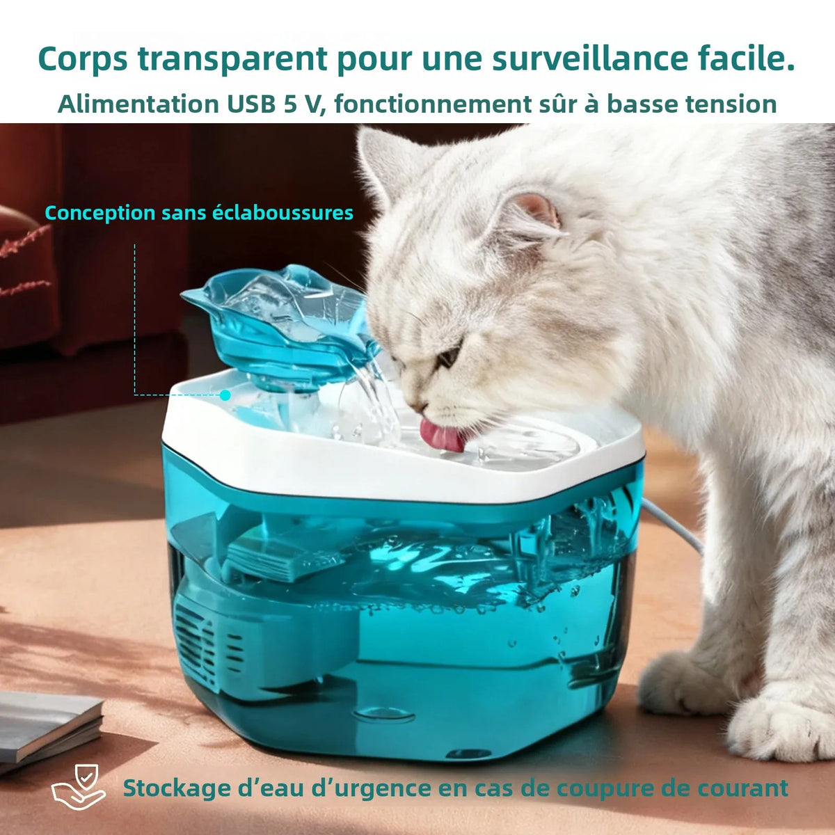 Fontaine à eau pour chat 1,2 L USB — gris, blanc ou bleu