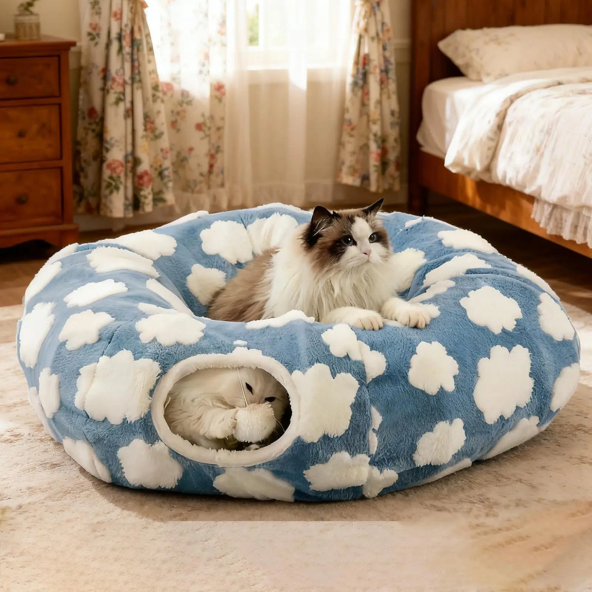 Lit tunnel pour chat lavable avec balle — cachette et couchage