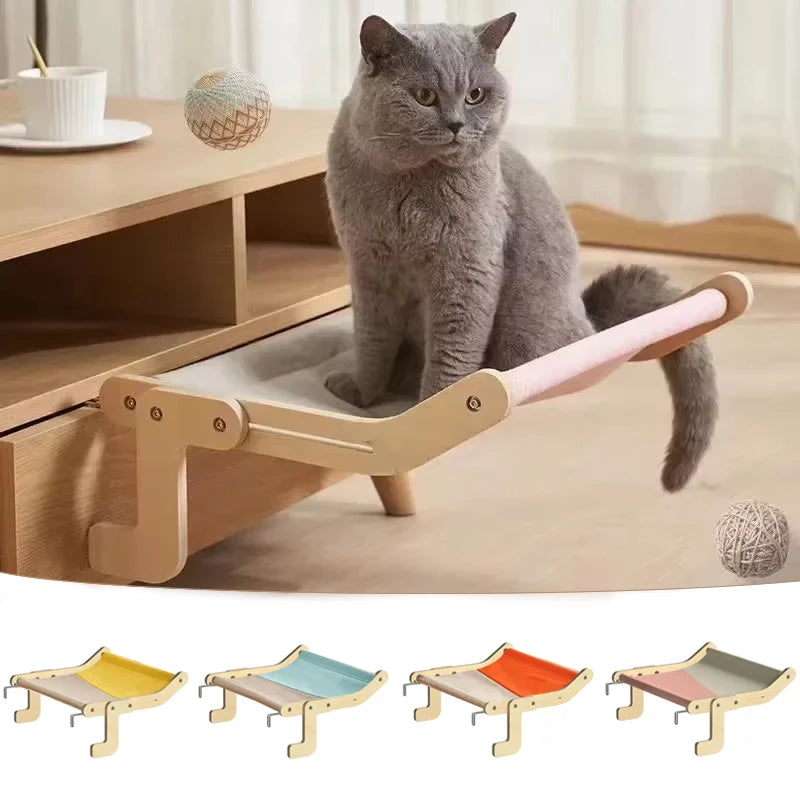 Hamac pour chat sur pied en bois — toile coton lavable, 6 coloris