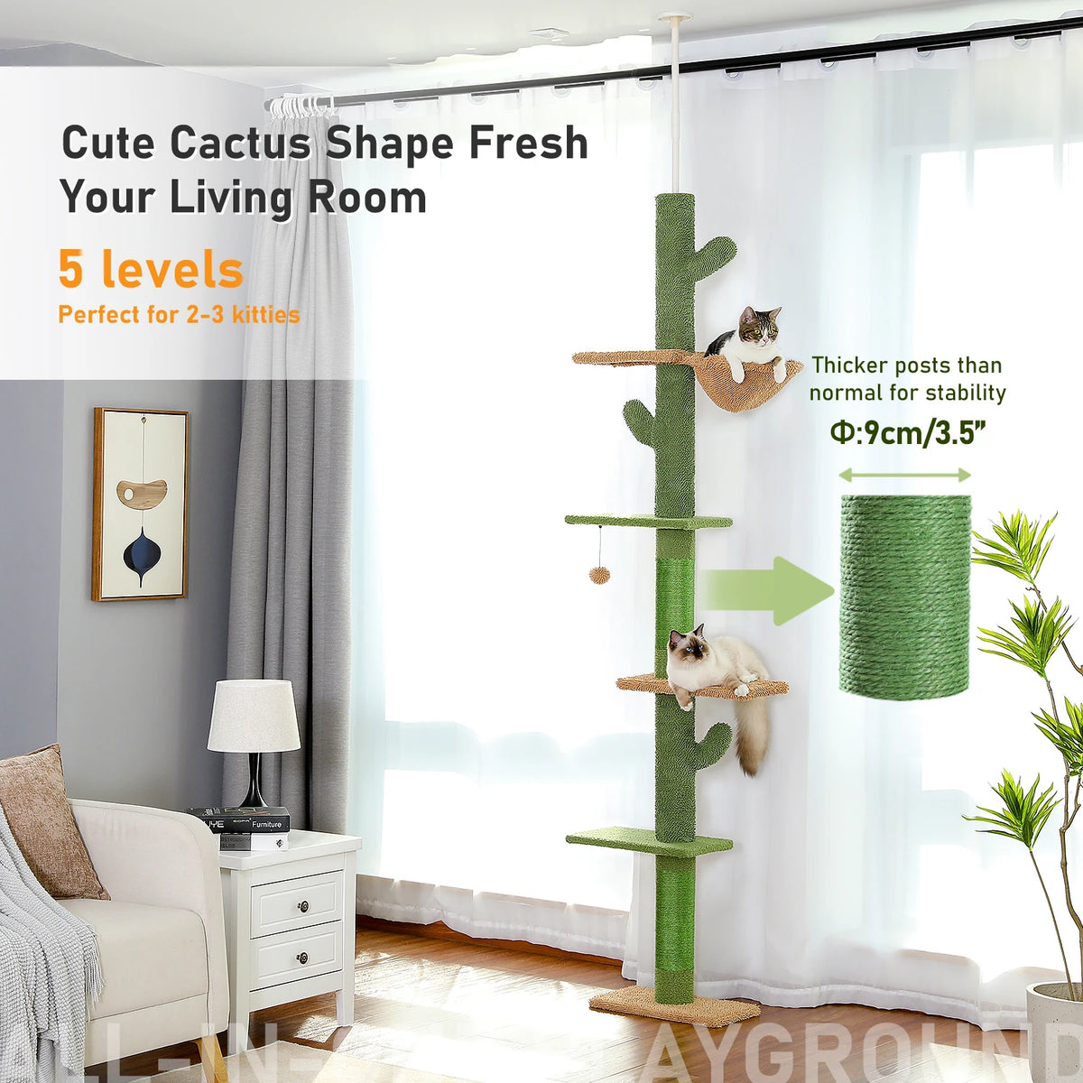 Arbre à chat cactus 5 niveaux sol-plafond — hamac et griffoir – photo 2