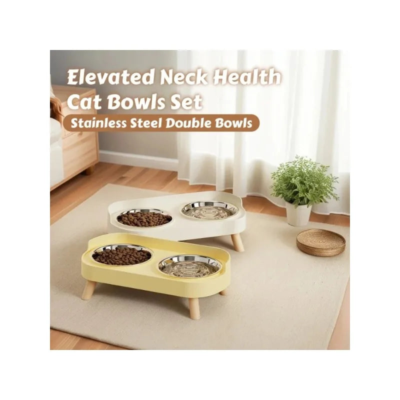 Gamelle double surélevée pour chat — 2 bols ronds, inox ou plastique