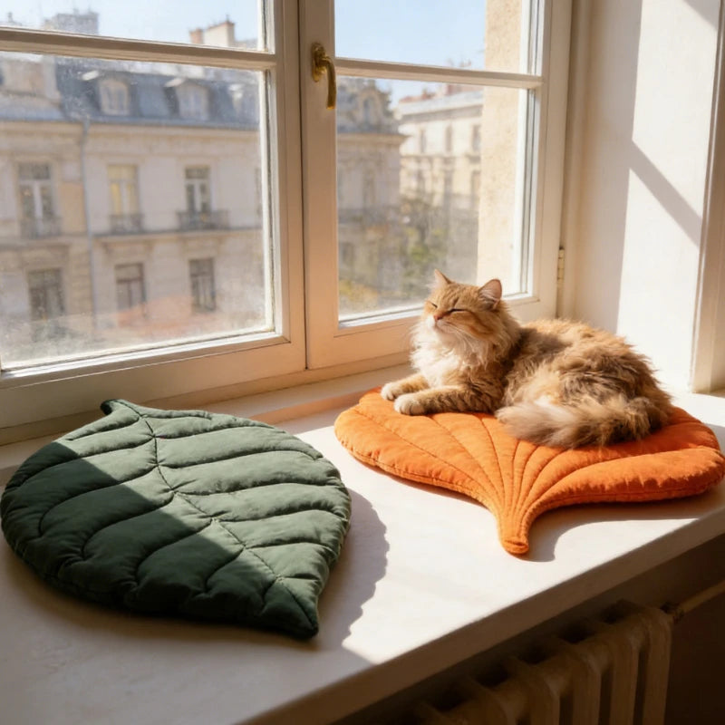 Coussin pour chat en forme de feuille — réversible et antidérapant