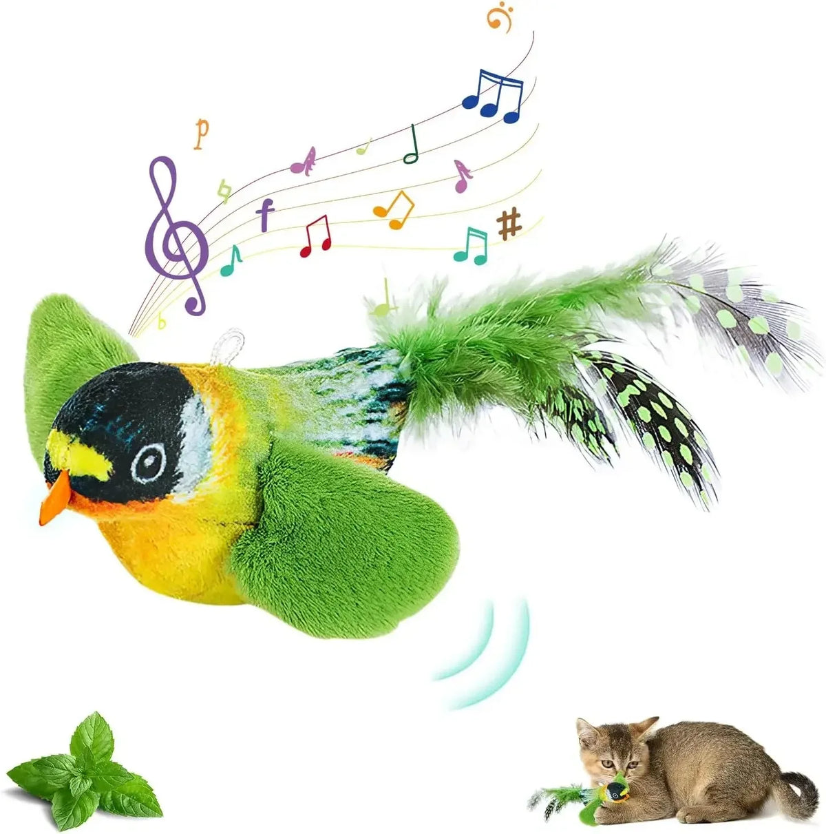 Jouet oiseau sonore pour chat sur corde élastique — à suspendre