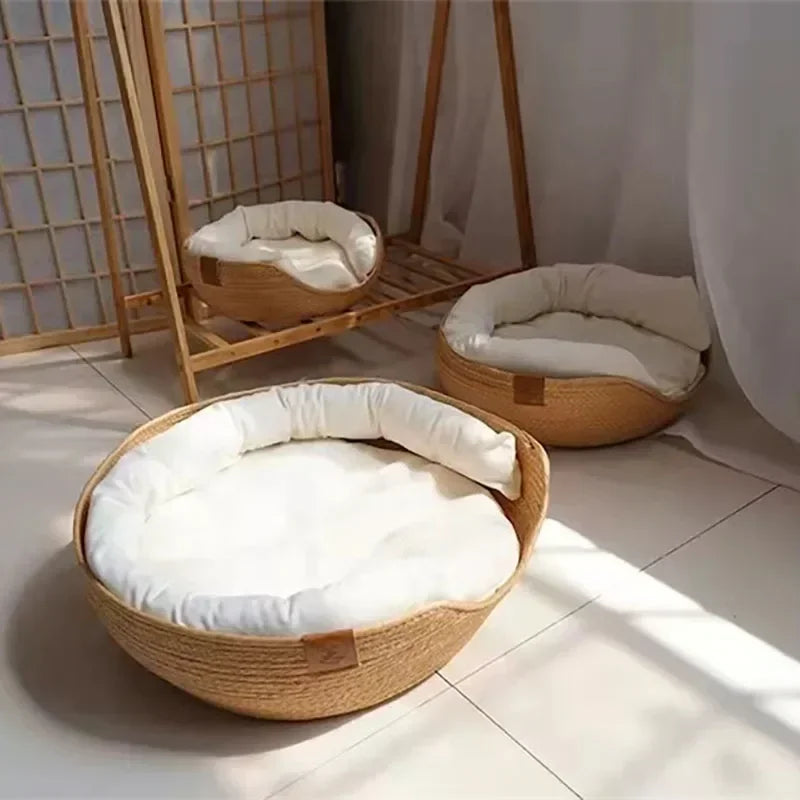 Panier pour chat en bambou tressé avec coussin — 3 tailles – photo 4
