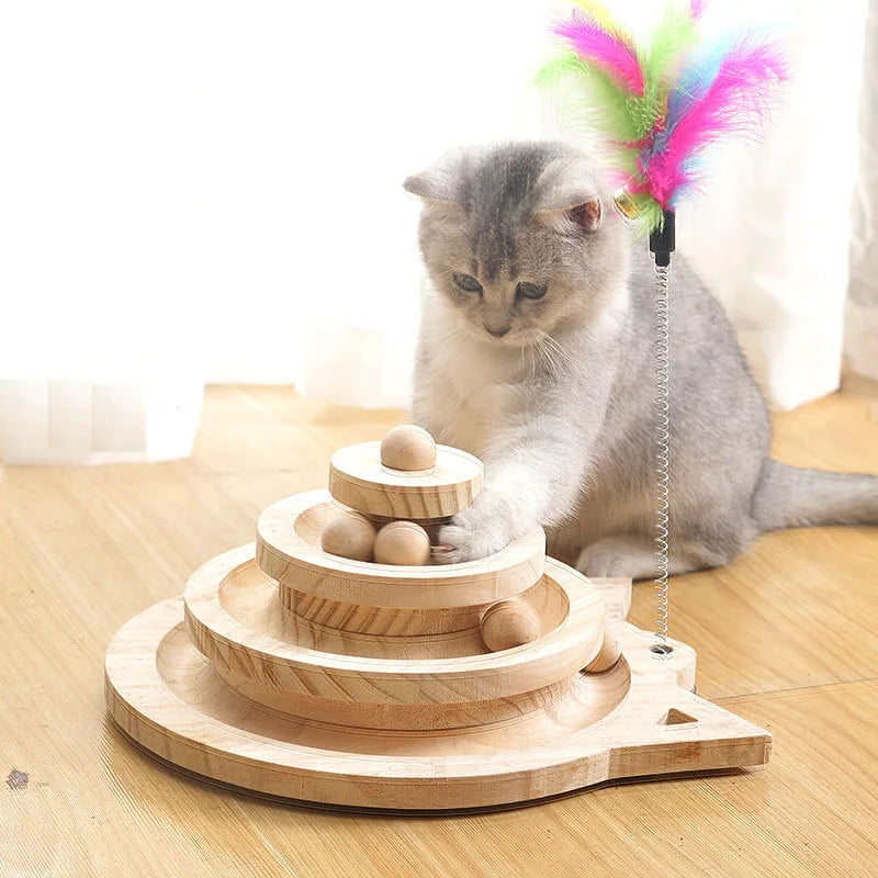 Tour à balles pour chat en bois — circuit 2 ou 3 niveaux
