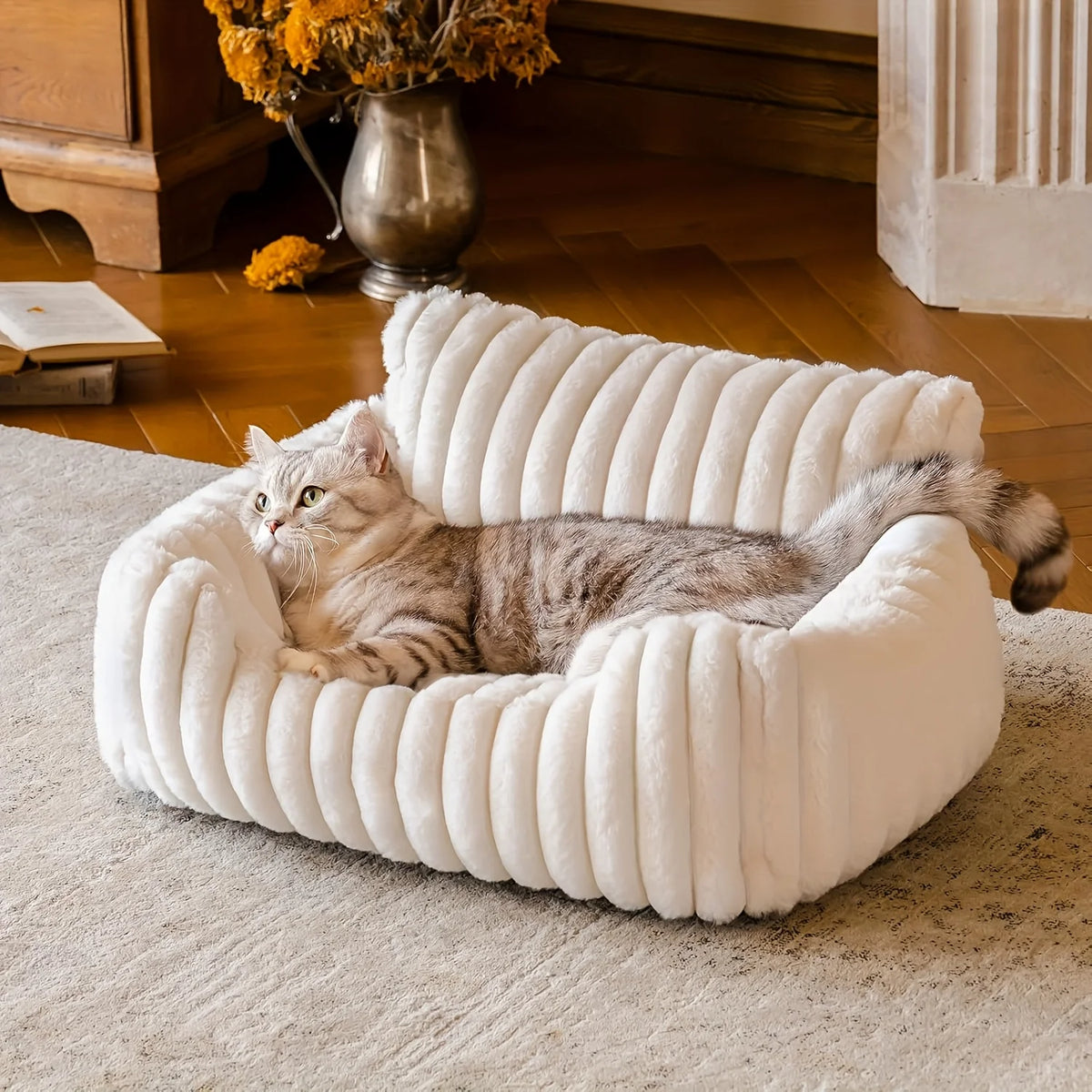 Lit canapé pour chat en peluche — panier douillet gris ou blanc – photo 2