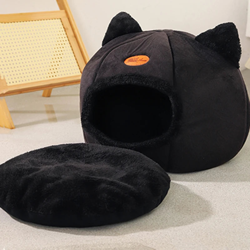Lit grotte pour chat en coton — panier douillet fermé pour l'hiver – photo 5