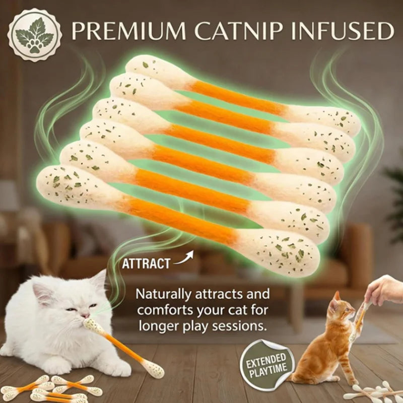 Jouet coton-tige pour chat à l'herbe à chat — feutre, lot de 6
