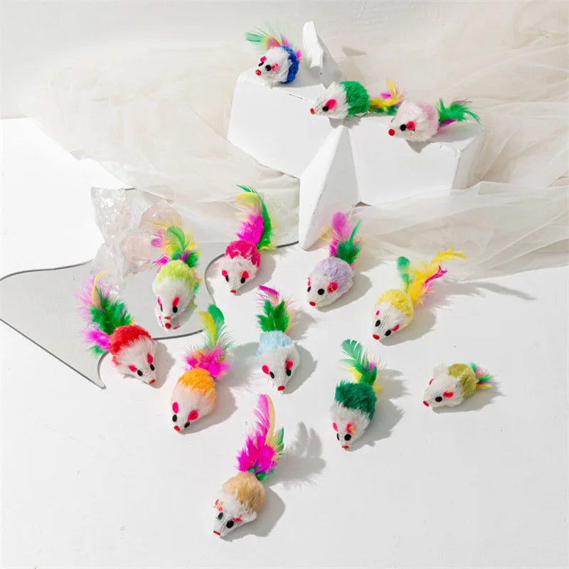 Souris pour chat en fausse fourrure et plumes — lot de 5 ou 10 – photo 2