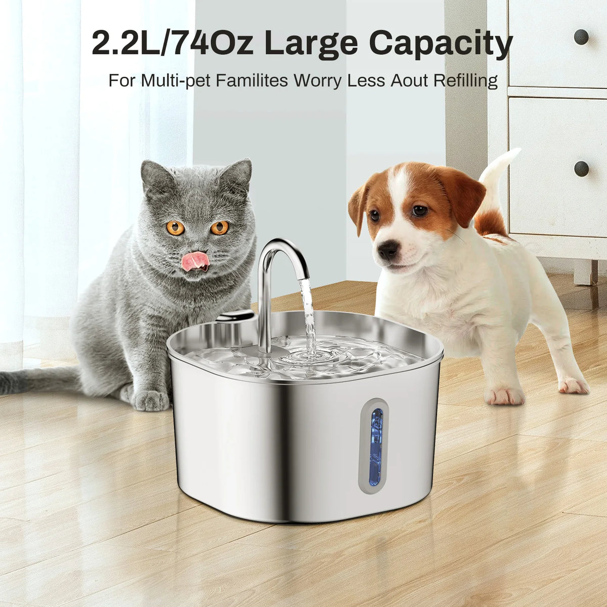 Fontaine à eau pour chat 2,2 L en inox — fenêtre de niveau, filtres – photo 2