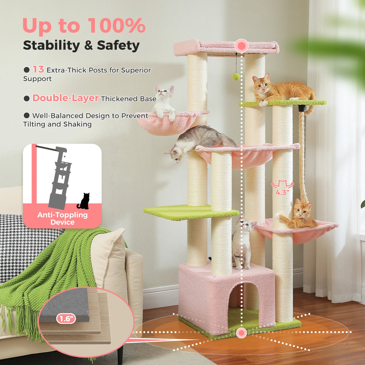 Grand arbre à chat 170 cm pour grands chats — hamac, 11 poteaux sisal – photo 5