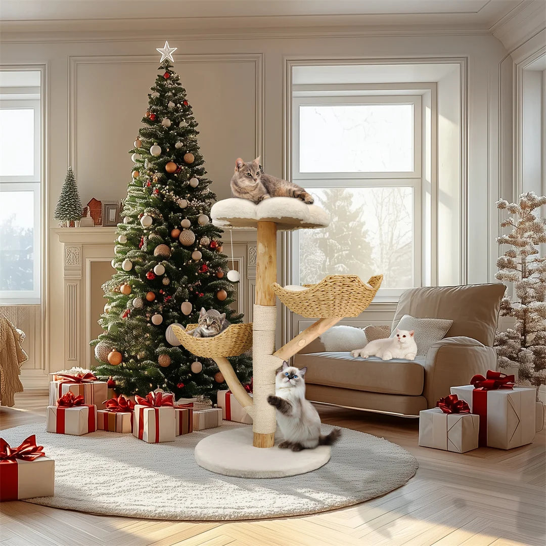 Arbre à chat 110 cm en bois — 3 niveaux, griffoir sisal, style moderne – photo 4