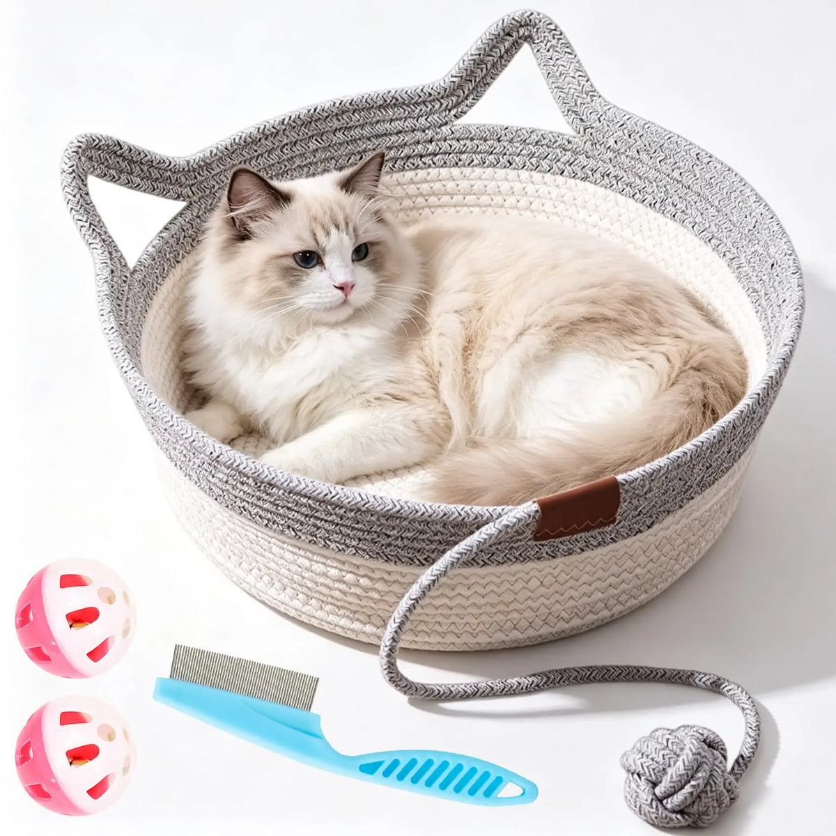 Panier pour chat en corde de coton tressée — avec queue jouet – photo 9