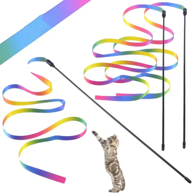 Canne à rubans arc-en-ciel pour chat — avec ou sans plumes