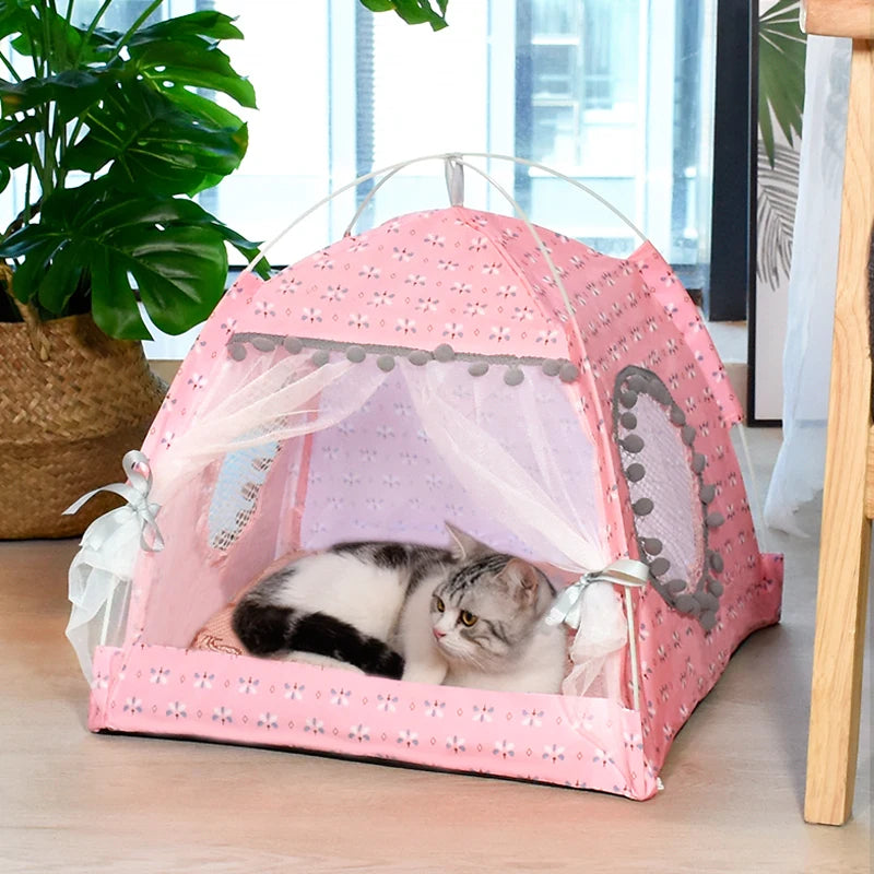 Lit tente pour chat semi-fermé en velours — motif fleuri, M à XL – photo 3
