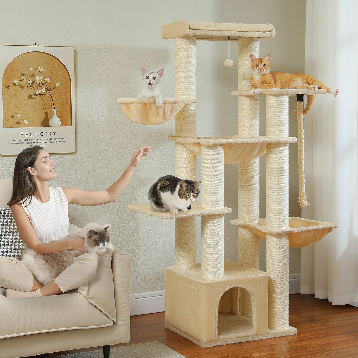 Grand arbre à chat 170 cm pour grands chats — hamac, 11 poteaux sisal – photo 3