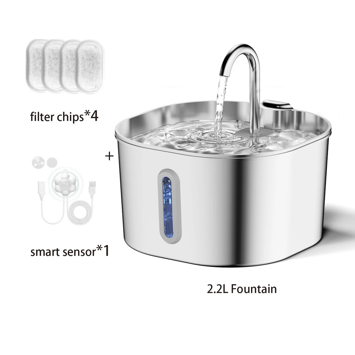 Fontaine à eau pour chat 2,2 L en inox — fenêtre de niveau, filtres – photo 7
