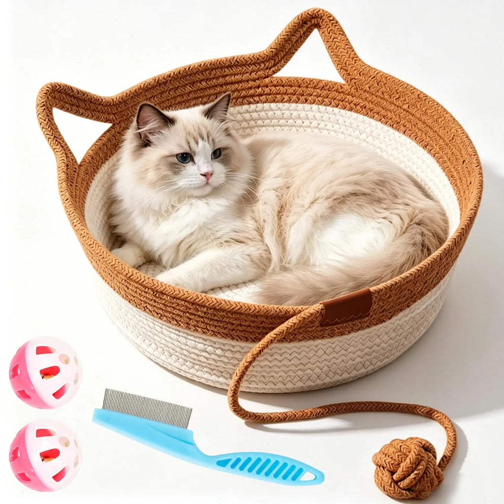 Panier pour chat en corde de coton tressée — avec queue jouet – photo 10