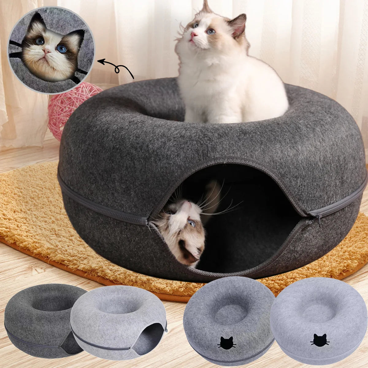 Lit tunnel pour chat en feutre — panier donut 2 en 1, 50 ou 60 cm