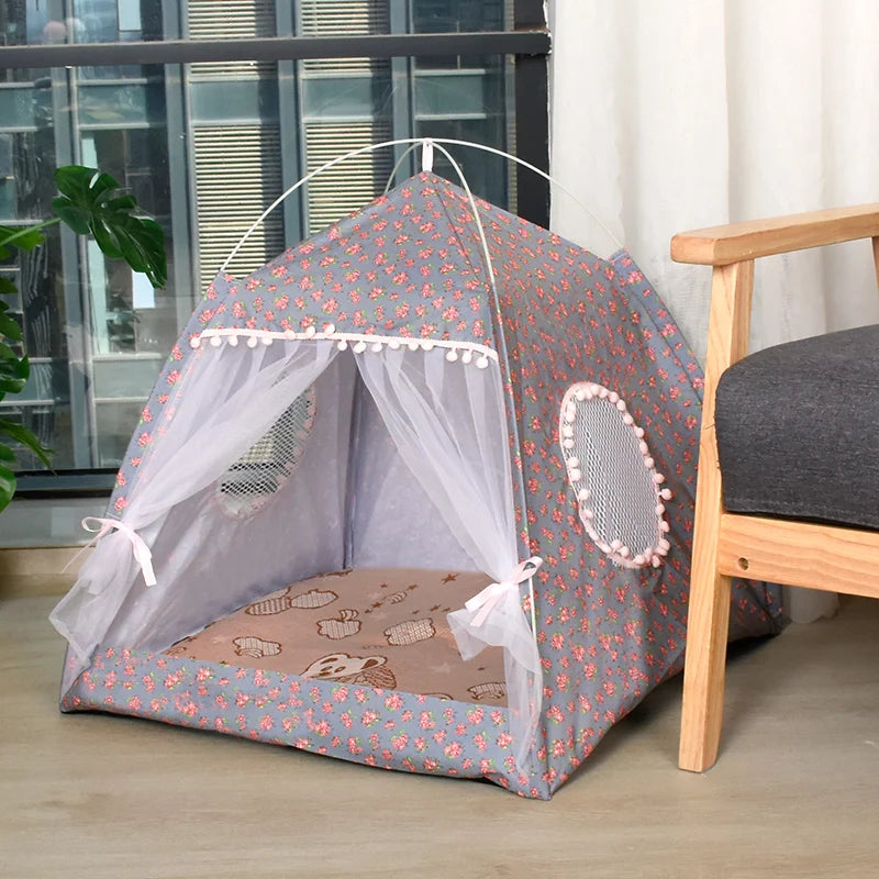 Lit tente pour chat semi-fermé en velours — motif fleuri, M à XL – photo 7