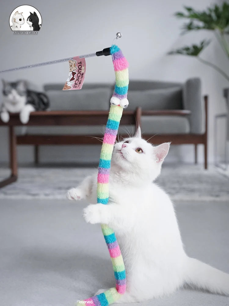 Canne pour chat à chenille colorée — jouet interactif en velours