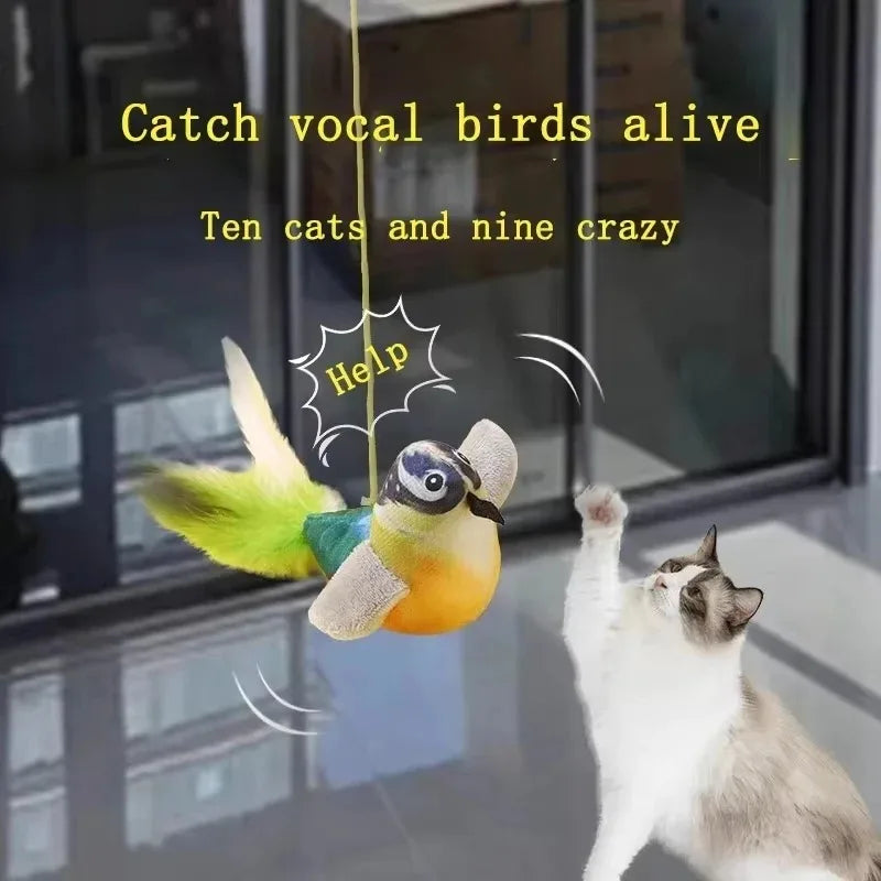 Jouet oiseau sonore pour chat sur corde élastique — à suspendre – photo 2