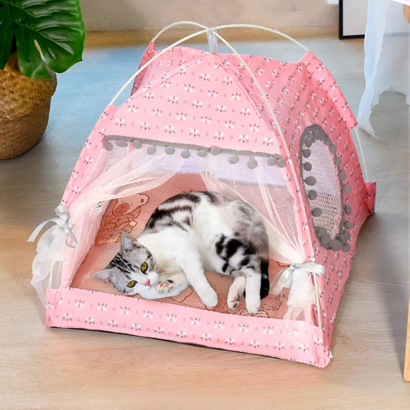Lit tente pour chat semi-fermé en velours — motif fleuri, M à XL – photo 2