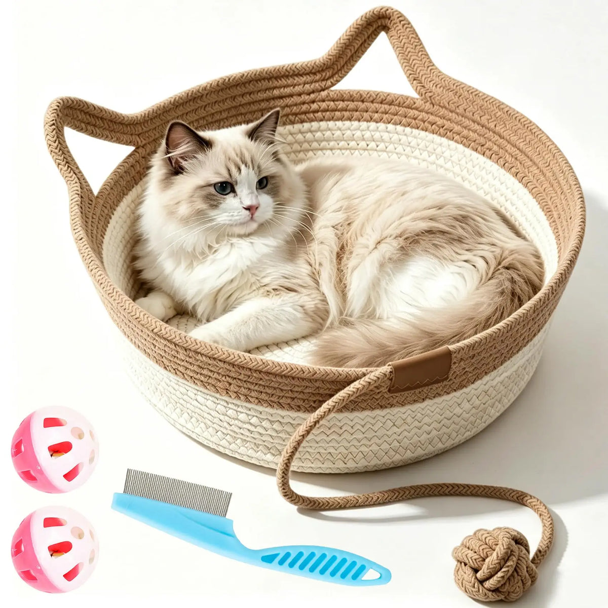 Panier pour chat en corde de coton tressée — avec queue jouet – photo 7