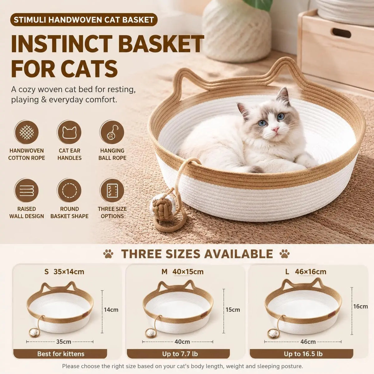 Panier pour chat en corde de coton tressée — avec queue jouet – photo 3