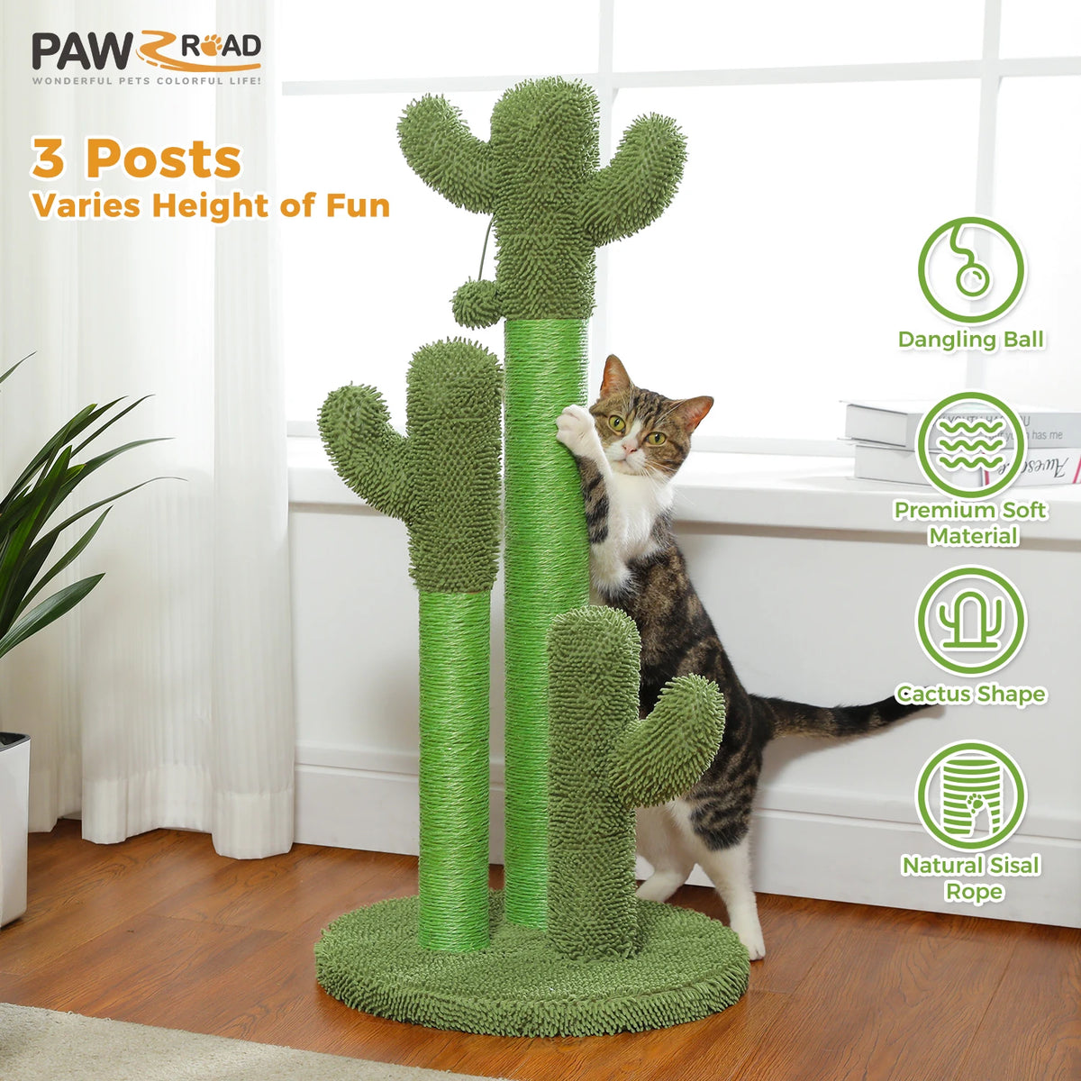 Griffoir cactus pour chat 83 cm — 3 poteaux en sisal et balle
