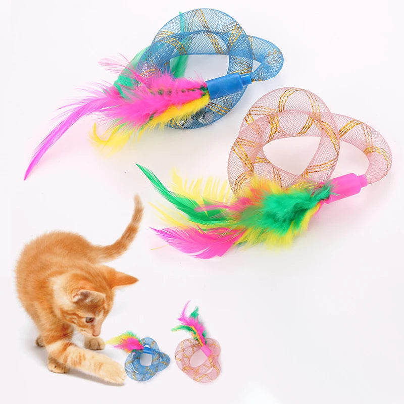 Jouet ressort pour chat avec plume — tige élastique en tissu