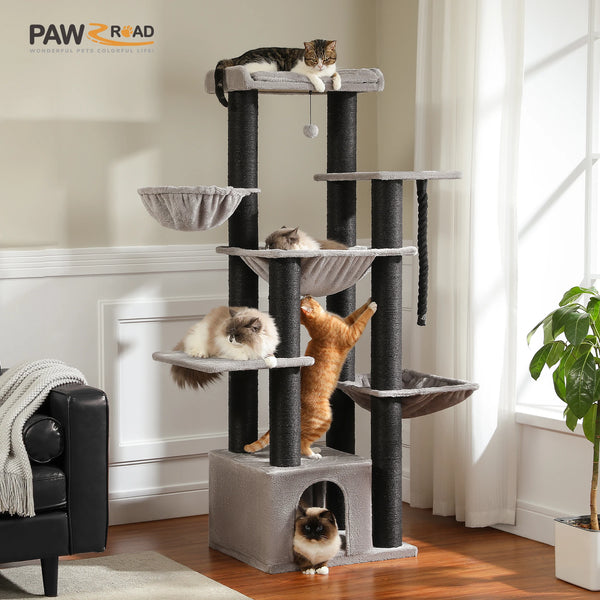 Grand arbre à chat 170 cm pour grands chats — hamac, 11 poteaux sisal
