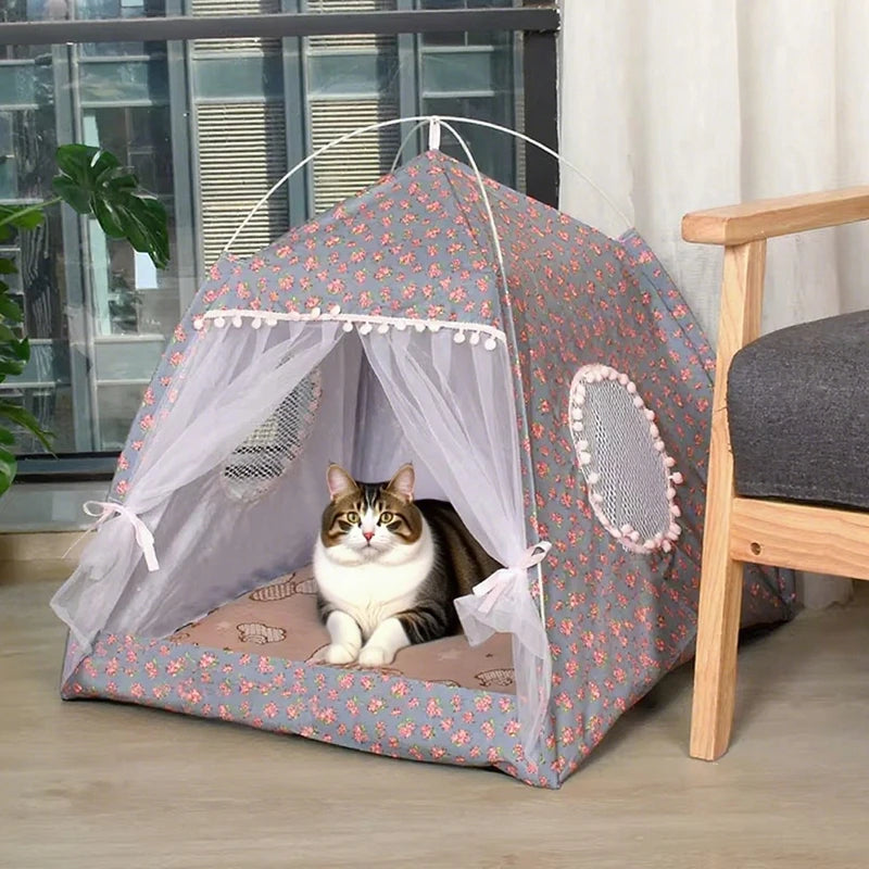Lit tente pour chat semi-fermé en velours — motif fleuri, M à XL