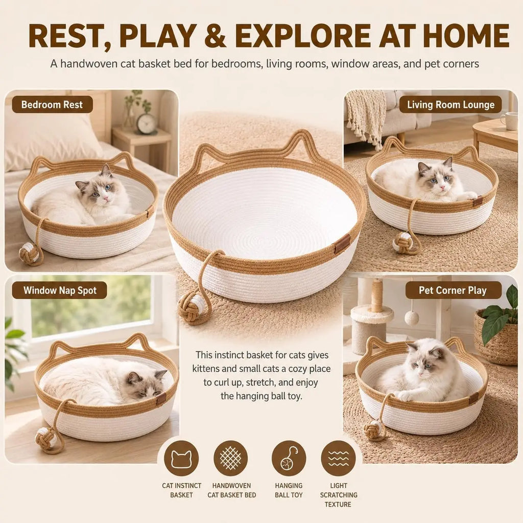 Panier pour chat en corde de coton tressée — avec queue jouet – photo 6